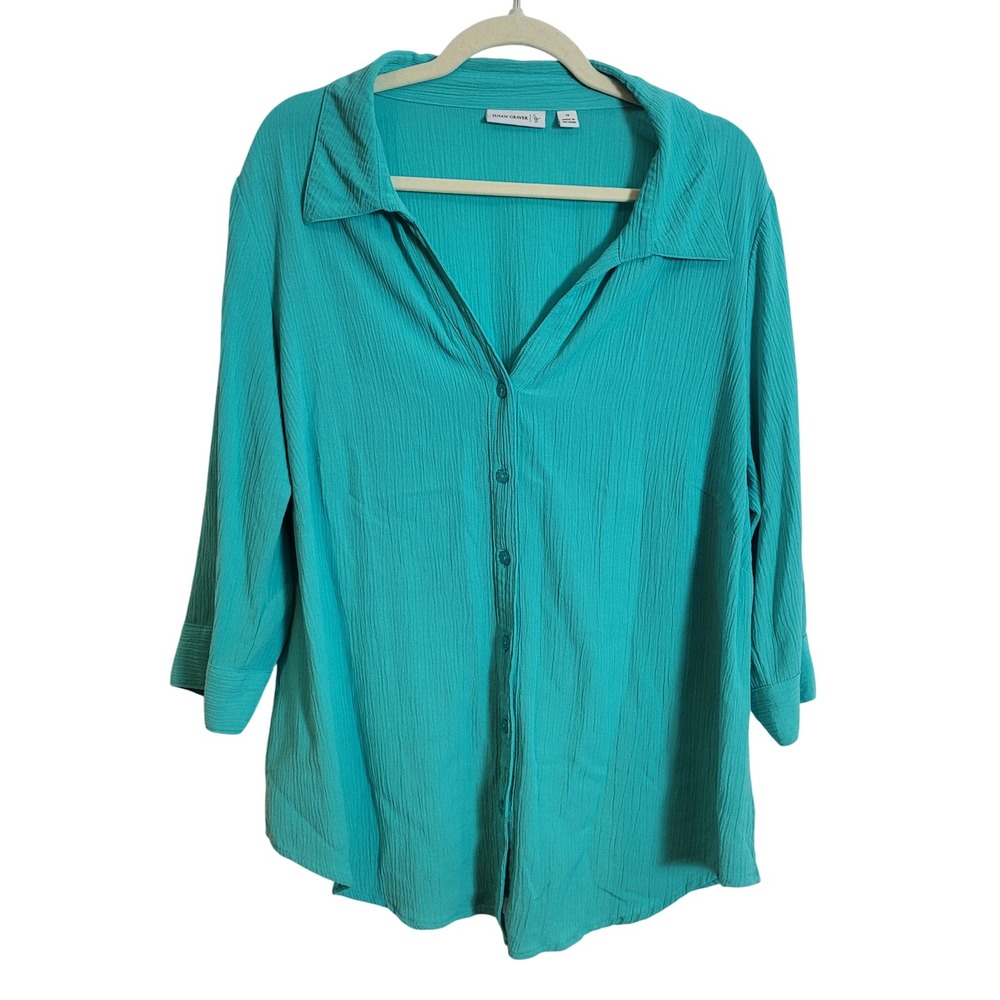 Susan Graver Teal Crinkle Gauze Smocked Back Button Front Shirt Womens Size 1X